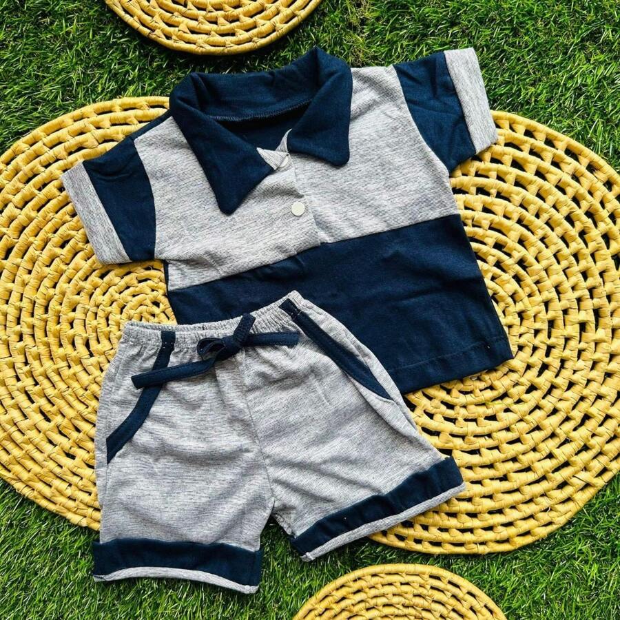 Conjunto Camisa Polo + Bermuda Bebe Menino Recém Nascido Ou Reborn Tam RN a 03 Meses - Azul Marinho - Visão 1