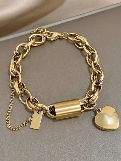 1 Peça Pulseira Pingente de Coração na Cor Dourada para Mulheres e Adolescentes Meninas, Pulseira de Aço Inoxidável Casal Amor Amizade, Joias Presentes Diários de Festa para o Dia dos Namorados