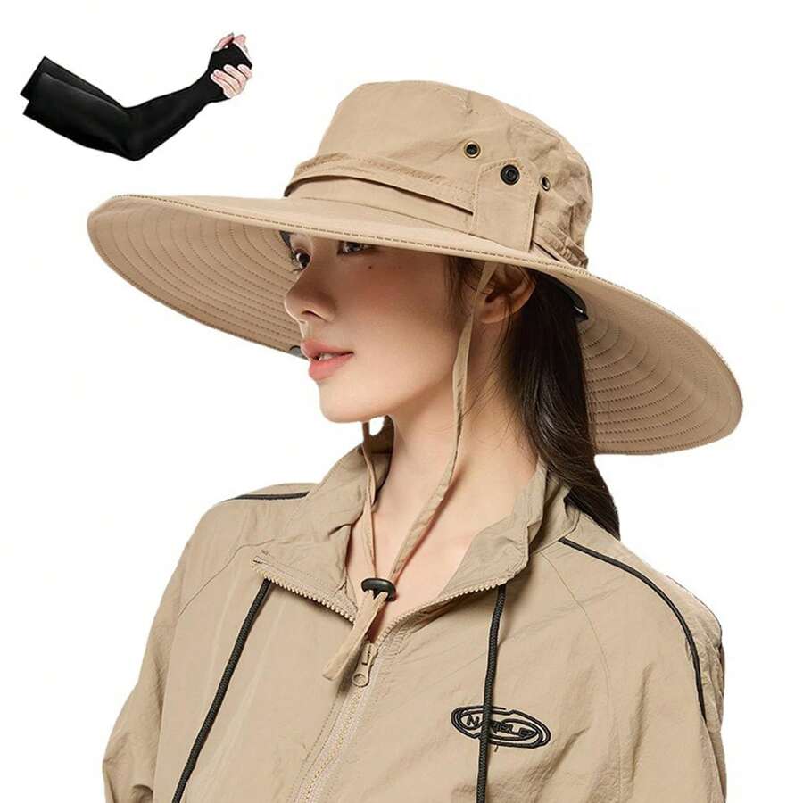 Sombreros de Sol para Mujeres - Sombrero de Sol para Mujer, ala Ancha, Plegable, Transpirable, Impermeable, Proteccion Solar UV Gorras para Pesca/Senderismo (12cm/ UPF 50+) Entrega Mangas para Brazos - Caqui - Ver 1