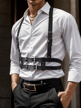 1pc Men's Black Leather Belt, Fashionable Bondage Waist Belt, Suitable For Daily Wear, Parties, Club Outfits Harness Halloween