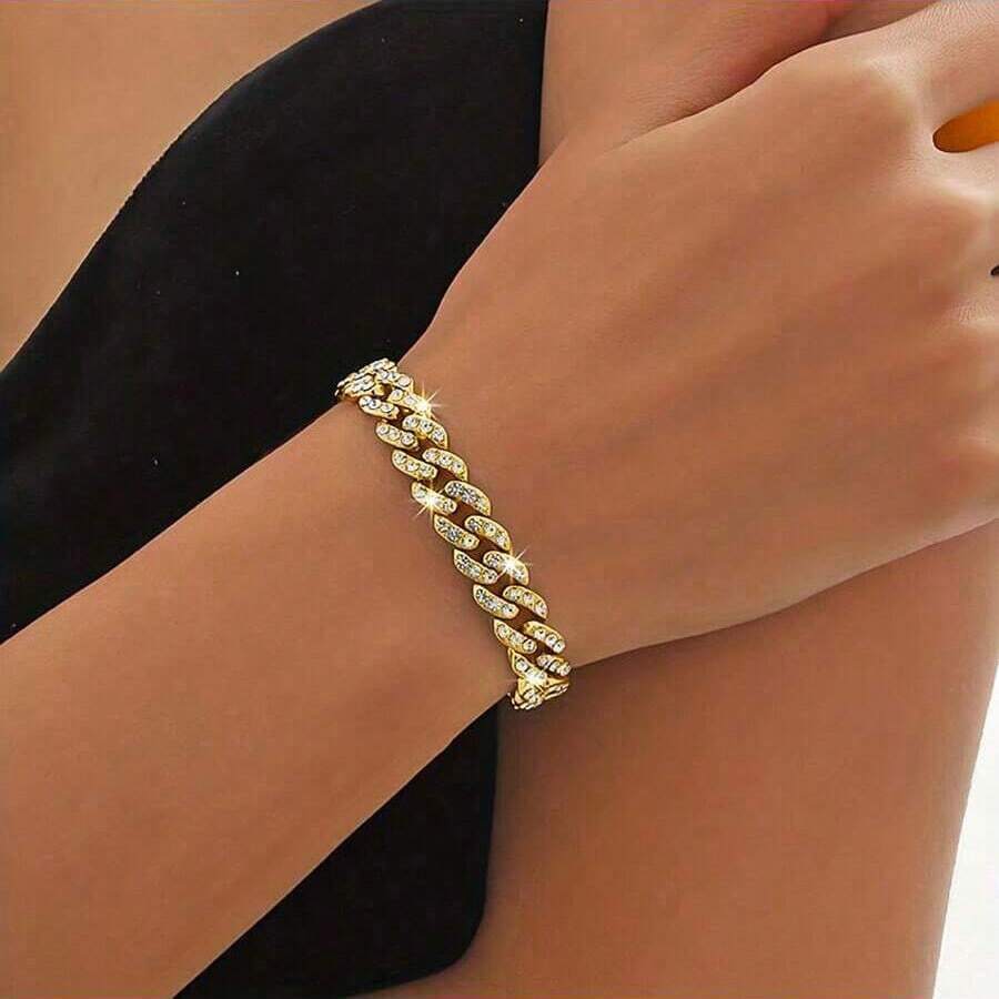 1pc Hip Hop Style  Chain Bracelet With Rhinestones For Women, Ideal For Date Gift - Yellow Gold - View 1