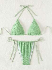 Women's Summer Beach Solid Color Textured Halter Neck Bikini Set With Separated Bikini Set - Green - View 3