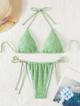 Women's Summer Beach Solid Color Textured Halter Neck Bikini Set With Separated Bikini Set