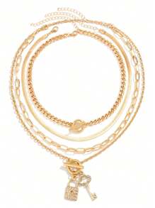 4 piezas Collares antiguos con colgante de llave y cerradura, cadena de cuello de aleación de zinc, collar clavícula simple para mujeres - Cerrar - Ver 2