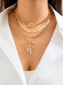 4 piezas Collares antiguos con colgante de llave y cerradura, cadena de cuello de aleación de zinc, collar clavícula simple para mujeres - Cerrar - Ver 1