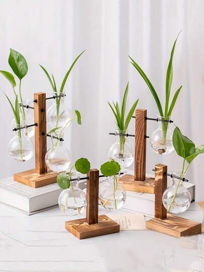 1/2/3PCS Elegant Hydroponic Glass Flower Vase With Wooden Stand, Vintage Bulb Shape For Desktop Planting, Hydroponic Propagation, Home And Garden Decoration