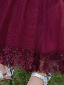 Babyflicka Enfärgad Blommig Applikation Rosett Puffärm Söt Prinsessklänning, Lämplig För Fest Och Högtider, Exklusive Pannband - Bourgogne - Visa 7