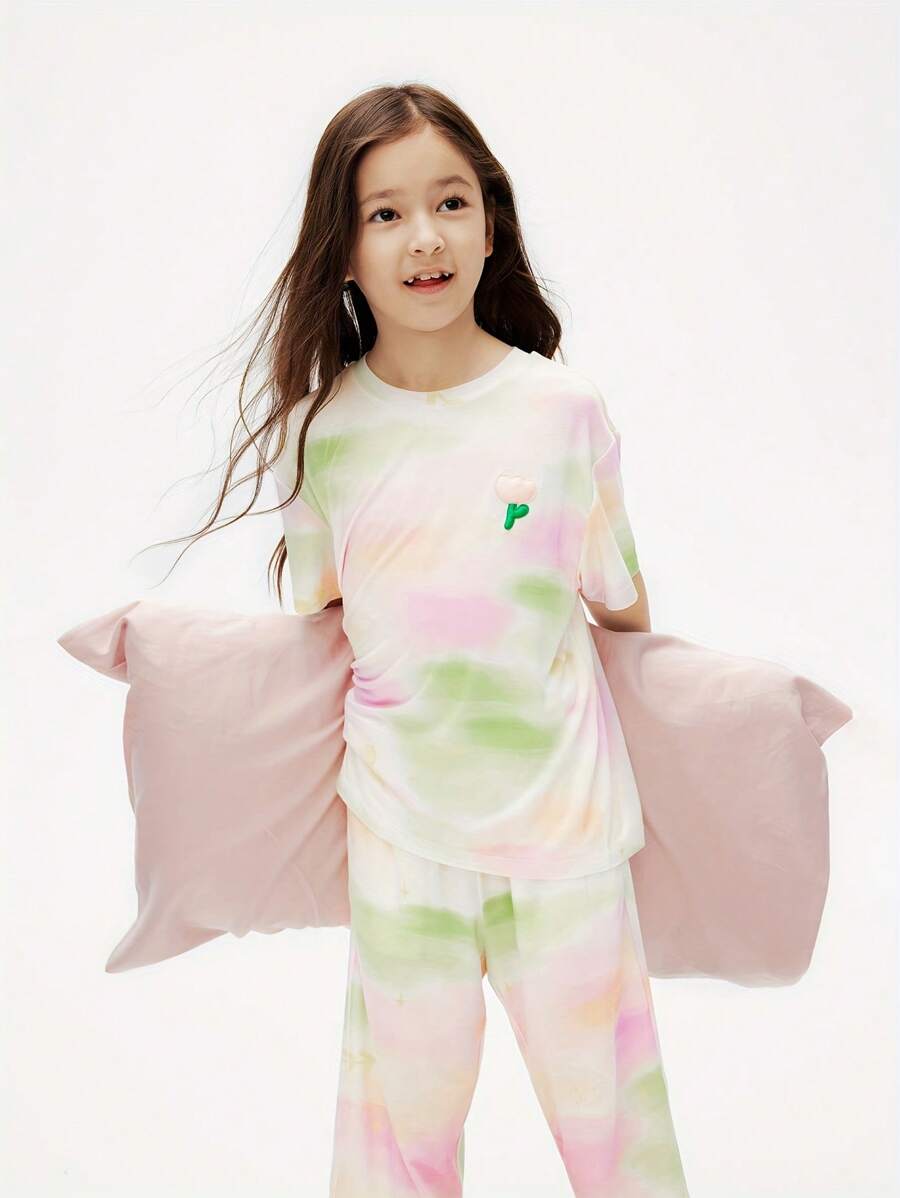 Annil 女童扎染印花立体花朵圆领短袖七分裤套装夏季新款抗菌衣弹力甜美 - 粉色 - 查看 1