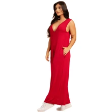 Macacão Feminino Longo Pantalona Regata Com Bolsos Macacão Elegante - Macacão Vermelho - Visão 4
