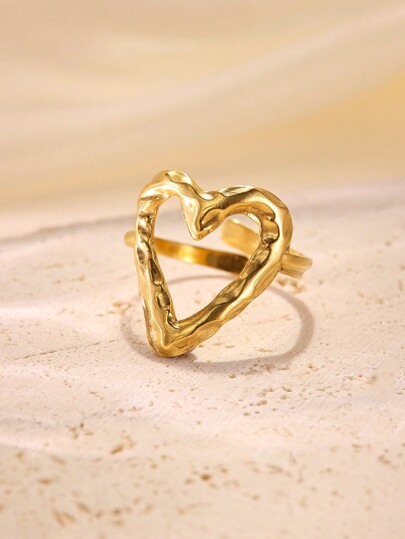Onelike 1pc Fashion Simple Stainless Steel Golden Heart Shape Open Ring Suitable For Ladies To Wear Daily Or Give As A Gift Valentines,Mom,Mother,Mother's Day,Gift