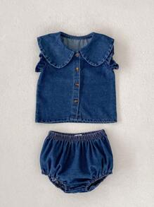 Summer New 0-3 Years Old Baby Girls Versatile Casual Sleeveless Set, Denim Peter Pan Collar Cap Sleeve Top + Pants Set, Size Runs Large And Loose, Most Babies Recommend Choosing One Size Smaller For Better Fit