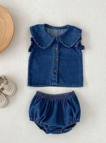 Summer New 0-3 Years Old Baby Girls Versatile Casual Sleeveless Set, Denim Peter Pan Collar Cap Sleeve Top + Pants Set, Size Runs Large And Loose, Most Babies Recommend Choosing One Size Smaller For Better Fit