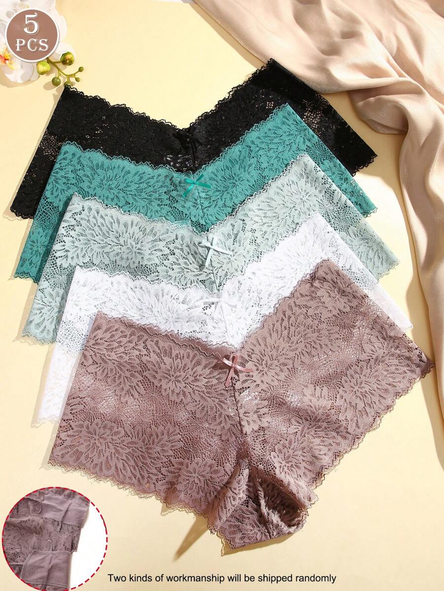 FINETOO 5pcs Bowknot Decorated Lace Boyshorts - Multicolor - View 1