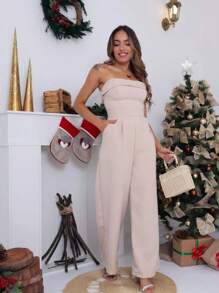 SUPER TENDENCIAS!!! Macacão Tomara que caia Pantalona com bojo e bolsos cintura contrastada - Bege - Visão 3