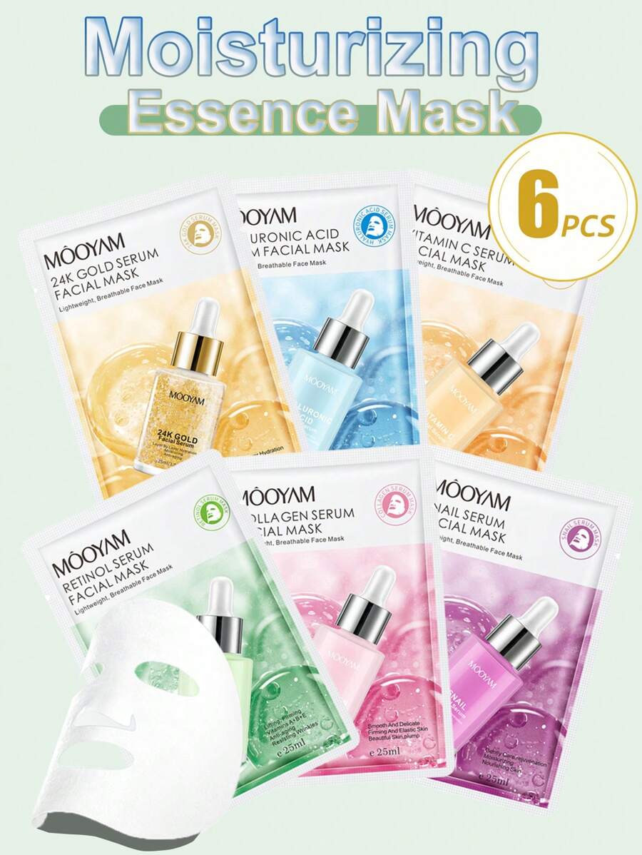 MOOYAM Conjunto de 6 mascarillas esenciales hidratantes e iluminadoras, colección de mascarillas de suero, máscara facial de ácido hialurónico de oro de 24K, colágeno de caracol, vitamina C y retinol para hidratar, humectar, anti-envejecimiento, iluminar y calmar la piel, receta de mascarilla facial coreana para mujeres y hombres de todos los tipos de piel, máscara liviana y fácil de absorber, ideal para viajes y regalos de vacaciones, cuidado de la piel y belleza facial