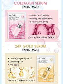 MOOYAM Conjunto de 6 mascarillas esenciales hidratantes e iluminadoras, colección de mascarillas de suero, máscara facial de ácido hialurónico de oro de 24K, colágeno de caracol, vitamina C y retinol para hidratar, humectar, anti-envejecimiento, iluminar y calmar la piel, receta de mascarilla facial coreana para mujeres y hombres de todos los tipos de piel, máscara liviana y fácil de absorber, ideal para viajes y regalos de vacaciones, cuidado de la piel y belleza facial