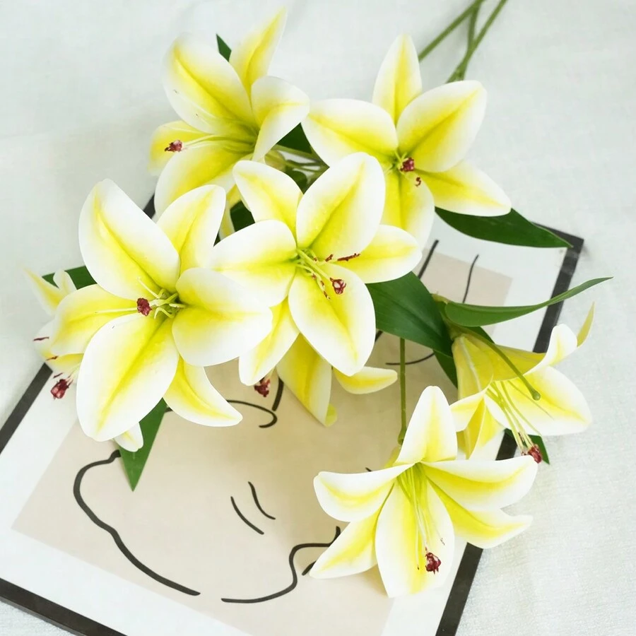 1 件人造百合花，长茎人造观星百合，带 3 个花头，仿虎皮百合花束，适用于家居酒店插花派对装饰 - 黃色 - 查看 1