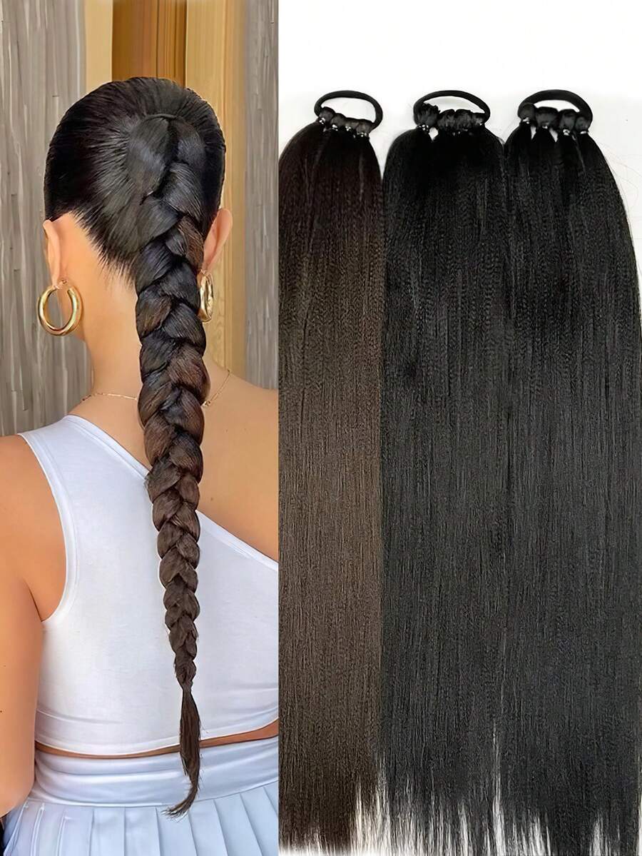 24 Inch Black Long Braid DIY Synthetic Ponytail Hair Extensions Boxer ...
