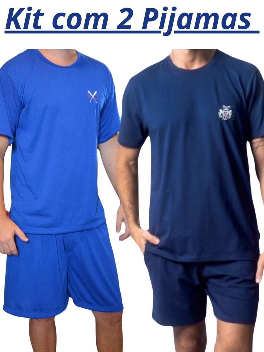 Kit com 2 Pijamas Masculino Meia Manga Adulto em malha Cores Sortidas premium Verão