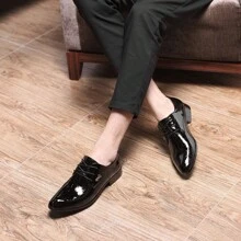 亮面尖頭男士正裝鞋，繫帶套腳式，多款可選，商務婚禮通勤正式樂福鞋（請根據詳細圖片中的腳長選擇對應尺寸） - 黑色 - 查看 7