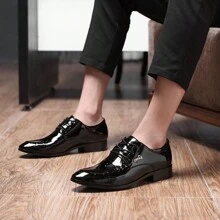 亮面尖頭男士正裝鞋，繫帶套腳式，多款可選，商務婚禮通勤正式樂福鞋（請根據詳細圖片中的腳長選擇對應尺寸） - 黑色 - 查看 8