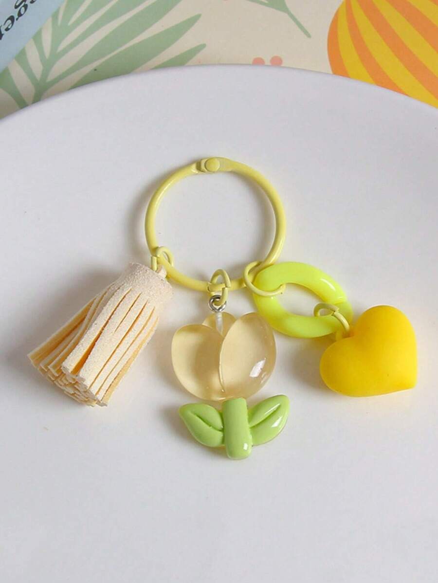 1入女款清新樹脂鬱金香鑰匙扣，花朵包掛飾，女孩鑰匙鏈裝飾 - 黃色 - 查看 1