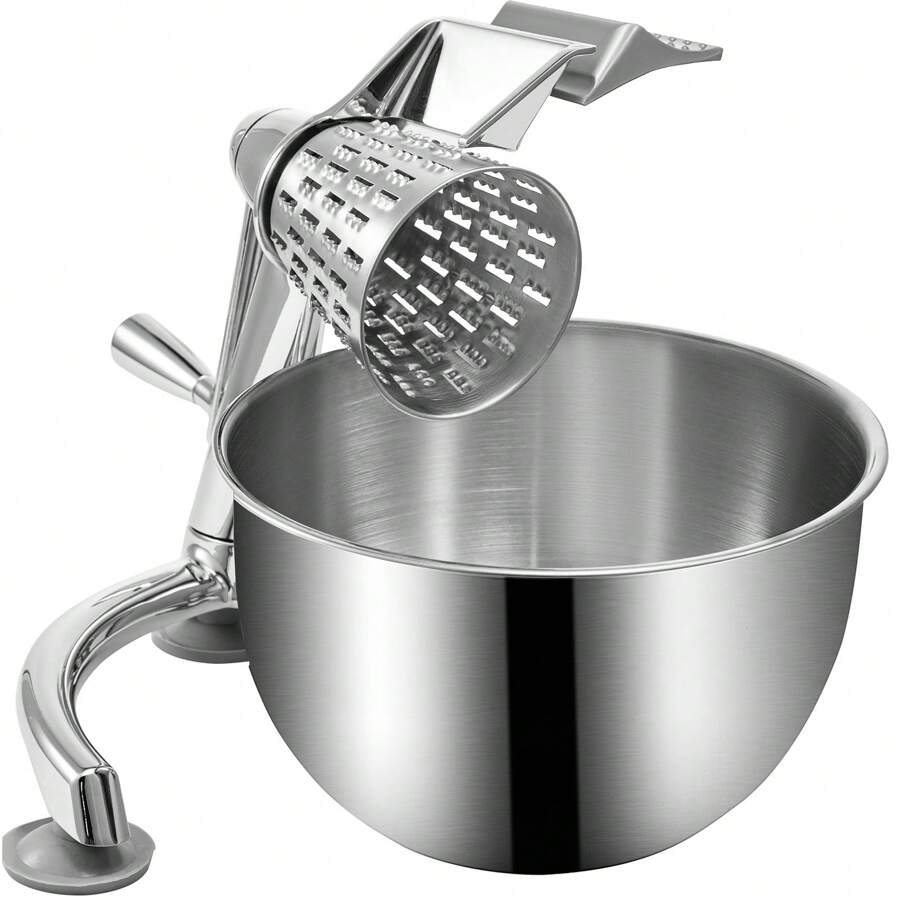 Rotary Cheese Grater, Zinc Alloy Rotary Vegetable Mandoline, Manual Cheese Mandoline W/ 5 Stainless Steel Cutting Cones, Manual Vegetable Grater W/ 2.5L Bowl, Rotary Shredder W/Suction Base - Silver - View 1