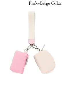 1 pieza Billetera llavero de doble bolsillo, Monedero de muñeca mini, Monedero portátil desmontable con correa para la muñeca, Carteras pequeñas, Bolsas de almacenamiento mini que ocupan menos espacio y son talla grande ligeras. Se puede guardar fácilmente en bolsillos, mochilas y bolsos, y es un excelente accesorio para diferentes escenarios como viajes, fitness y compras - Color rosa + beige