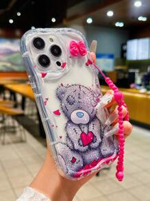 غطاء هاتف مع سلسلة مفاتيح وتصميم دبدوب كارتوني وردي لطيف، متوافق مع Apple iPhone 14 ProMax, 13, 12, 11، تصميم بقلب حلو، غطاء واقي أنيق وعصري للأصدقاء - شفاف - مشاهدة 2
