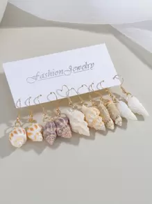 Conjunto de 5 pares Estilo Praia de Brincos de Tarracha em Liga de Concha e Estrela-do-mar, Brincos Pendurados de Concha e Concha-Verdadeira para Mulheres, Moda de Verão e Jóias para Viagem