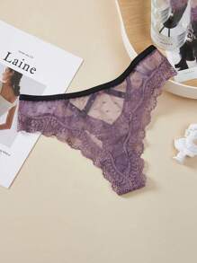 Lace Polka Dot Sheer Sexy Low-Rise Thong Panties With Hollow Out T-Shirt For Women Sexy Lingerie - Purple - View 3