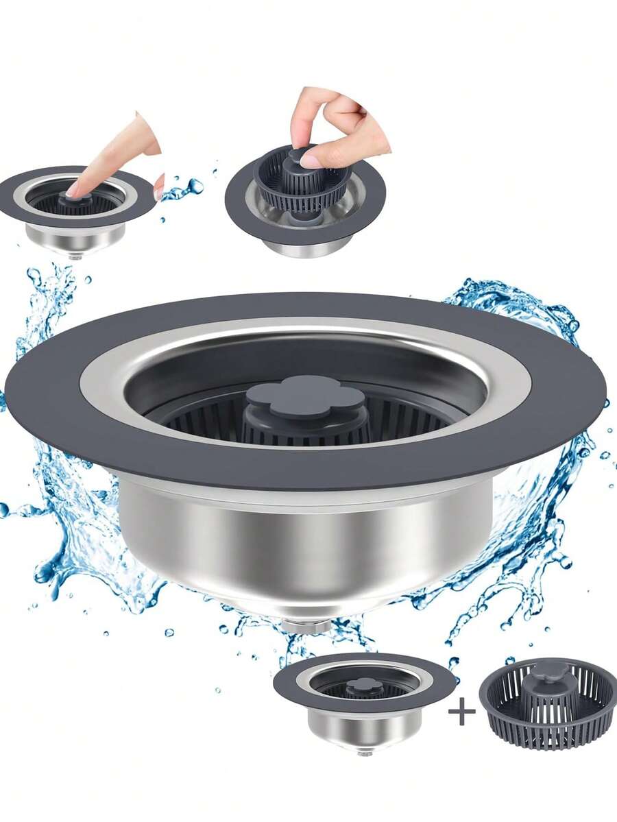 Kitchen Sink Drain Filter And Stopper Set, 3 In 1 Stainless Steel Pop-Up Sink Drain Plug With Basket Strainer, Quick Drainage, Suitable For Standard 3-1/2 Inch Drain - Grey - View 1