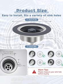 Kitchen Sink Drain Filter And Stopper Set, 3 In 1 Stainless Steel Pop-Up Sink Drain Plug With Basket Strainer, Quick Drainage, Suitable For Standard 3-1/2 Inch Drain - Grey - View 2