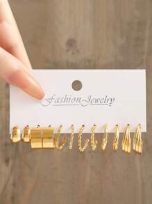 12-48 件时尚简约仿珍珠多层扭曲女士耳环套装，理想的生日/约会/节日/派对礼物 - 金黃色 - 查看 17