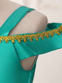 1 Set Young Girls' Off-The-Shoulder Green Princess Jumpsuit, Suitable For Parties - Green - View 6