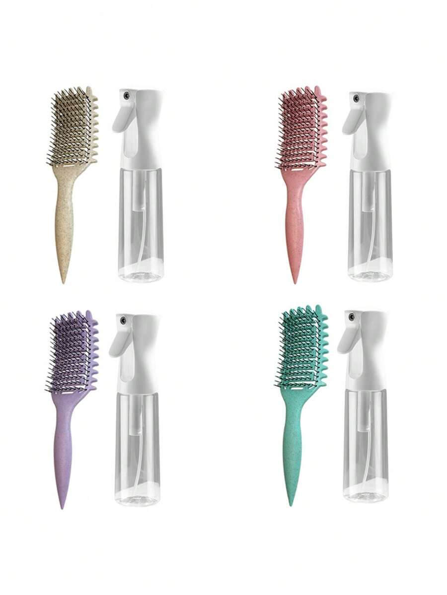 2入組捲髮梳子套裝附噴霧瓶，300毫升高壓持續噴霧瓶，梳子附帶角邊設計，適用於男女製造大波浪髮型 - 新型防靜電按摩梳子採用中空設計（米白色，紫色，綠色，粉色）