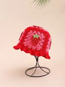 1pc Women's Adorable Casual Y2K Style Fashionable Contrast Color Hand-Crocheted Strawberry Applique Decor Bucket Hat For Outdoor, Traveling, Daily Wear