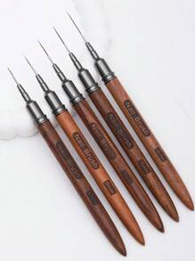 5pcs/Set Wood Handle Nail Liner Brush, Nail Drawing Pen Set For Long Lines Tiny Details Fine Painting Nail Brushes, Nail Art Striping Tape Line Brush With Metal Cover - Brown - View 1