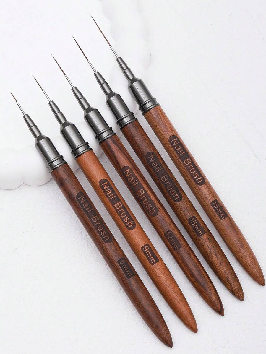 5pcs/Set Wood Handle Nail Liner Brush, Nail Drawing Pen Set For Long Lines Tiny Details Fine Painting Nail Brushes, Nail Art Striping Tape Line Brush With Metal Cover - Brown - View 1