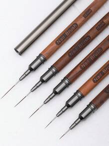 5pcs/Set Wood Handle Nail Liner Brush, Nail Drawing Pen Set For Long Lines Tiny Details Fine Painting Nail Brushes, Nail Art Striping Tape Line Brush With Metal Cover - Brown - View 5
