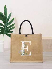 Letter Flower Pattern Natural Elements Teacher Appreciation Gift Women Linen High-Capacity Tote Bag Graduation Gifts Letter Print Fashionable Teacher Tote Bag School Gift Beach Vacation - Khaki - View 7