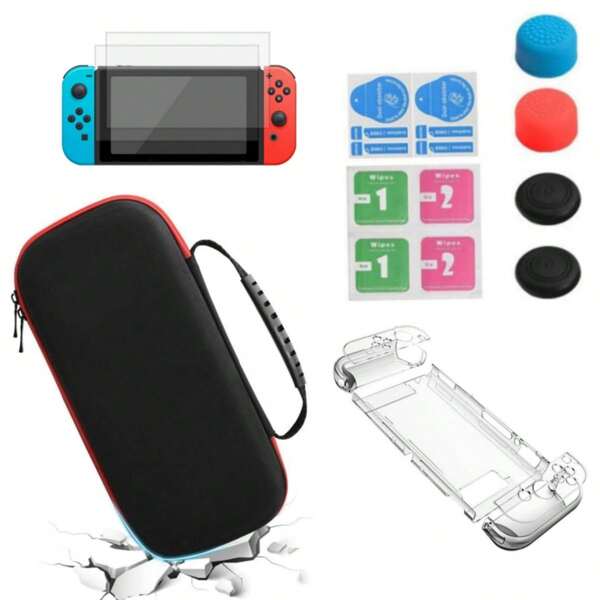 حافظة حمل متوافقة مع جهاز Switch، طقم ملحقات بغطاء شفاف، واقي شاشة، وأغلفة إبهام، ومزيد من الملحقات، مناسبة للسفر والتخزين المنزلي