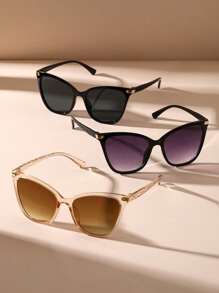 3pcs/Set Women's Cat Eye Plastic Frame Elegant Portable Black/Brown Fashion Glasses, Suitable For Summer Cycling, Vacation, Street Photography, Beach Parties, And Other Occasions, Fashionable Fashion Glasses For Women's Summer Beach Vacation And Outdoor Travel, Elegant Cat Eye Design. - Black Purple Gray Double Tea - View 4