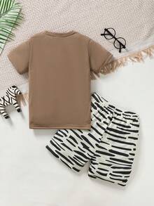 年轻男孩夏季短袖针织贴布刺绣卡通撞色休闲两件套服装 - 咖啡棕 - 查看 2