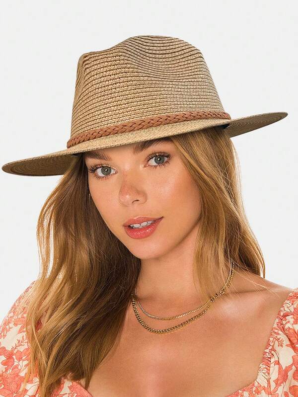 1 pieza Sombrero de paja estilo Panamá, hecho a mano con adornos de triple trenzado para mujeres, sombrero de playa protector contra el sol de verano con estilo bohemio