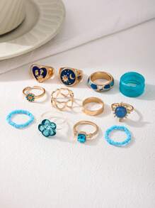 12pcs/Set Cute Dopamine Themed Minimalist Geometric Line Rings, Versatile For Commute And Vacation