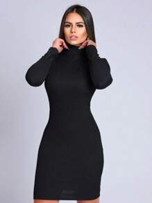 Vestido Manga Longa Gola Alta Feminino Canelado