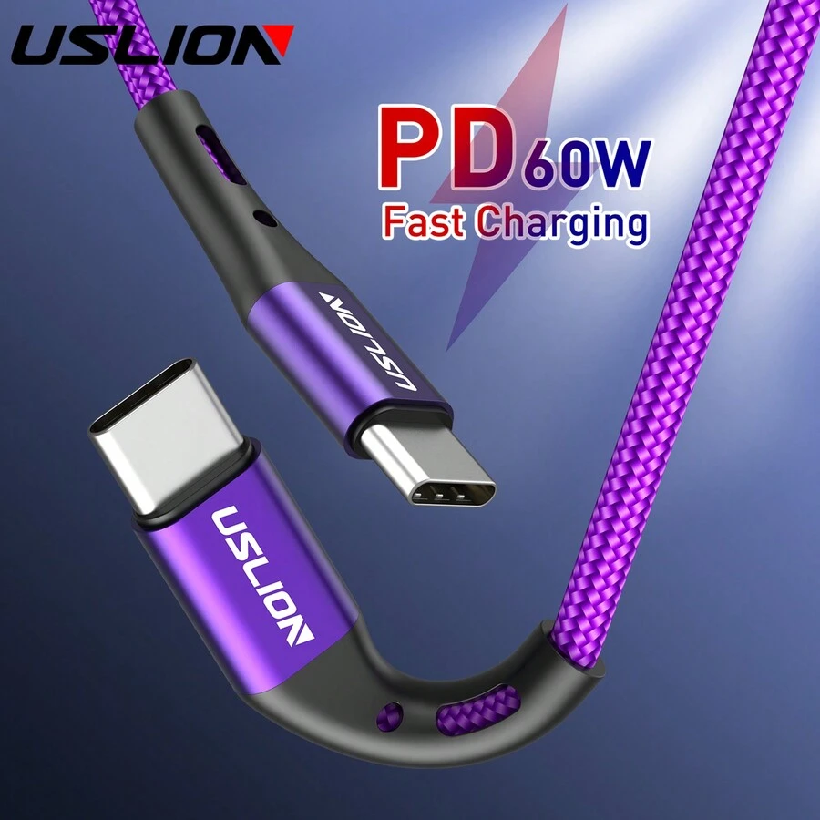 USLION 60W C 型至 C 型多色快速充电器线，高速充电，兼容各种 C 型接口设备快速充电兼容 Iphone 15、Galaxy S24/S23/S22、Pixel 8/7、Air/Pro、PS、iPad Pro/Mini/Air、Switch、Steam Deck 兼容 Apple 笔记本电脑 - 紫色 - 查看 1