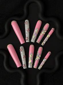 10 pièces Ongles de robe avec strass rose et blanc, 1 pièce Lime à ongles et 1 pièce Colle à ongles. Faux ongles Y2K Spice Girls Super oblongs entièrement recouverts, idéal pour la conception d'ongles DIY, convient aux femmes et aux filles pour les fêtes et les manucures quotidiennes. Fournitures pour ongles