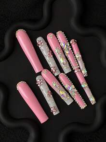 10 pièces Ongles de robe avec strass rose et blanc, 1 pièce Lime à ongles et 1 pièce Colle à ongles. Faux ongles Y2K Spice Girls Super oblongs entièrement recouverts, idéal pour la conception d'ongles DIY, convient aux femmes et aux filles pour les fêtes et les manucures quotidiennes. Fournitures pour ongles